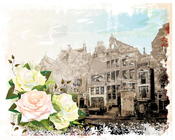 Vintage illustration of Amsterdam street and roses. Watercolor s — Stock Vector