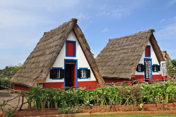 Dwóch wiejskich domów z dachem krytym strzechą trójkątne — Zdjęcie stockowe