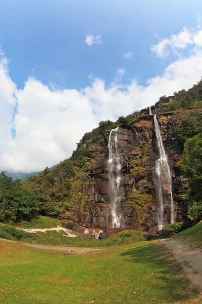 Double falls in mountains. The photo is made by a lens Fisheye — Stock Photo, Image