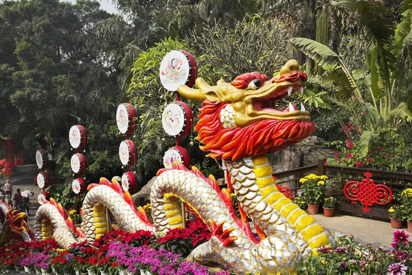 El dragón rojo y las flores brillantes — Foto de Stock