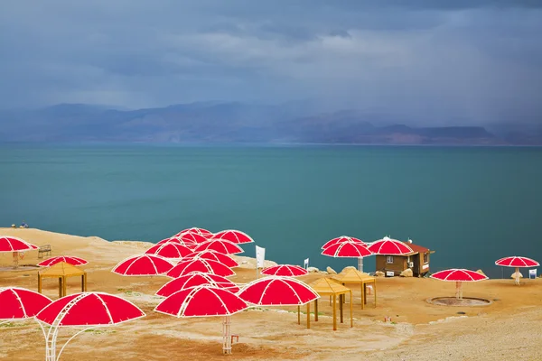 Røde strandparaplyer – stockfoto
