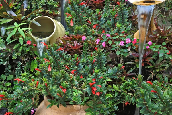 Camas de flores e fontes decorativas — Fotografia de Stock