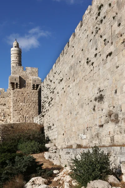 Stěny thel Jeruzalém a Davidova věž — Stock fotografie