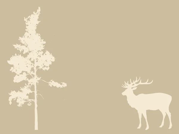 Deer near pines on brown background, vector illustration — Stock Vector