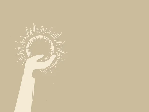 Ήλιος στο χέρι σε καφέ φόντο, εικονογράφηση φορέας — Διανυσματικό Αρχείο