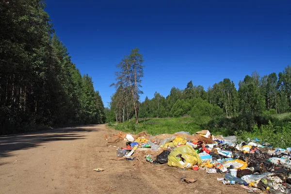 Fossa de lixo na estrada rural perto de madeira — Fotografia de Stock
