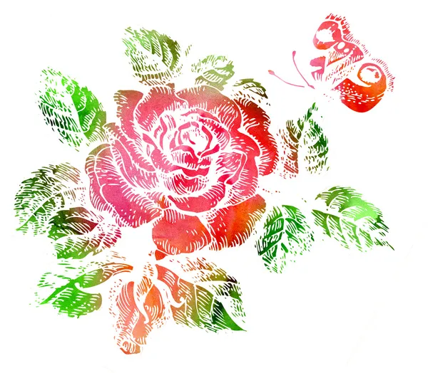 Achtergrond met ros? en vlinder geschilderd met aquarellen — Stockfoto