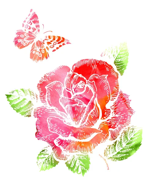 Fondo con rosa y mariposa pintada con acuarelas —  Fotos de Stock