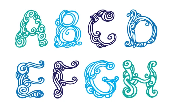 Swirly fuente dibujada a mano. Conjunto de letras vectoriales A-H — Vector de stock