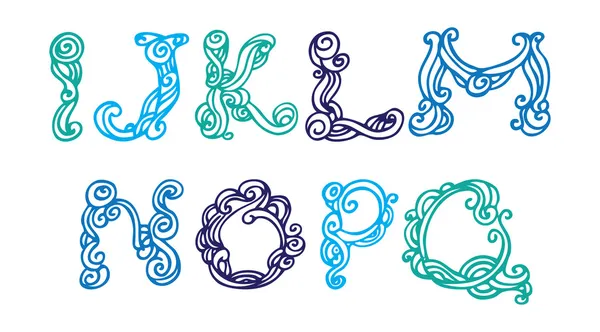 Swirly hand drawn font. Vector letters set I-Q — Stock Vector