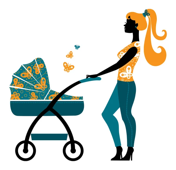Silueta de hermosa madre con carro de bebé — Vector de stock