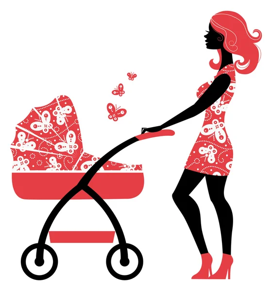 Силуэт красивой матери с детской коляской — стоковый вектор