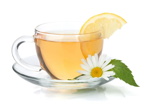 레몬 슬라이스, 민트 잎, 카모마일 꽃과 차 한잔 — 스톡 사진