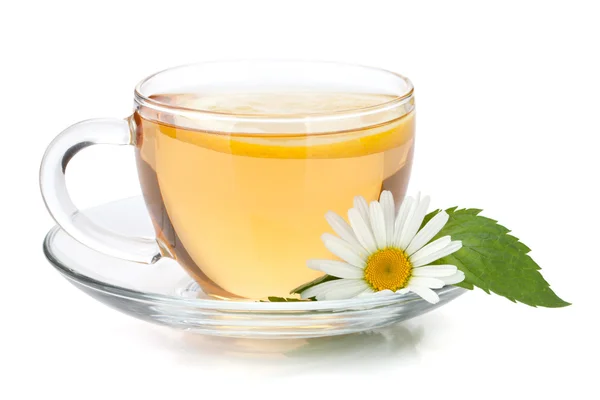 Kopp te med citronskiva, myntablad och kamomill blomma — Stockfoto