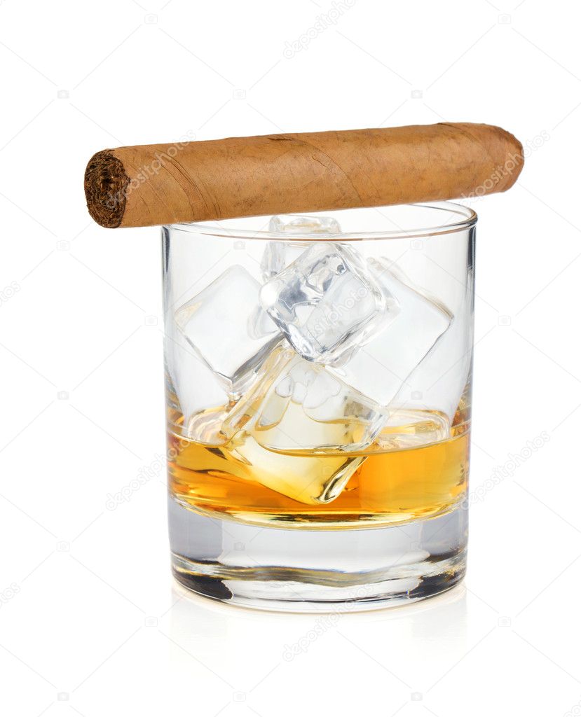 Cigar on glass of whiskey with ice cubes print by Editors Choice