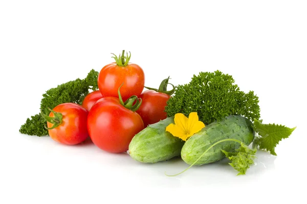 Ripe tomatoes, cucumbers and parsley — Stock Photo, Image
