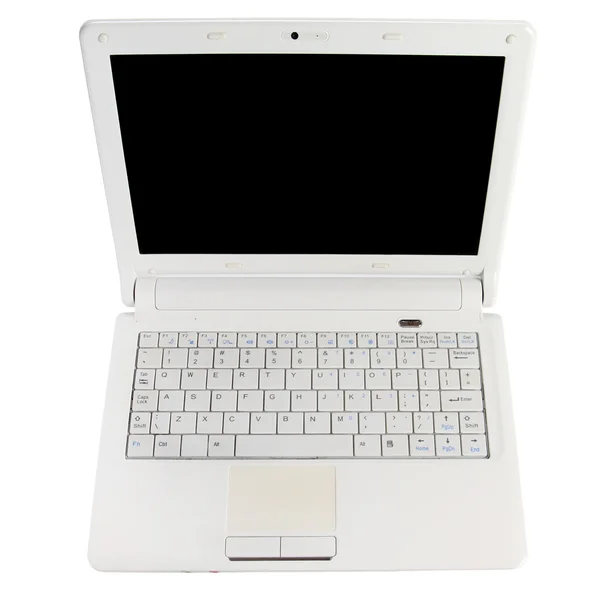 stock image White open laptop with black screen on white background