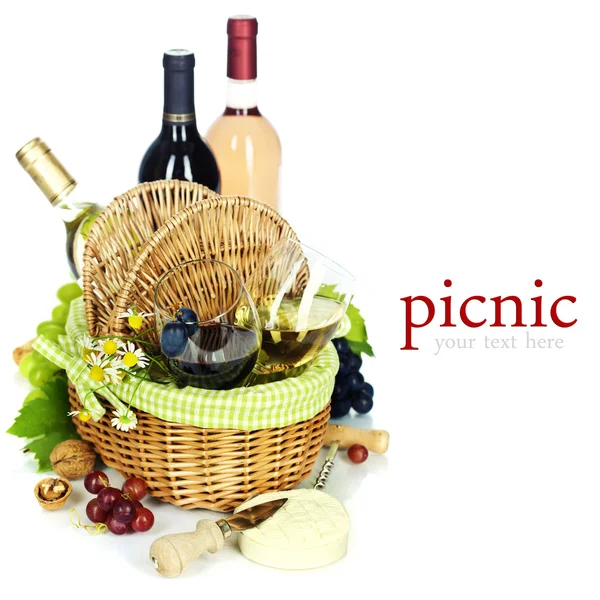 Cesta de picnic con vino y uva — Foto de Stock