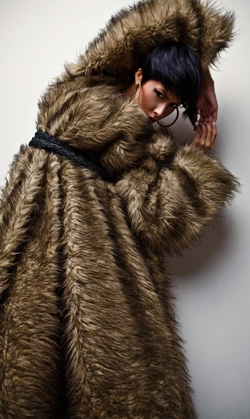 エレガントなファッショナブルな女性の毛皮のコート。ファッション写真. — ストック写真