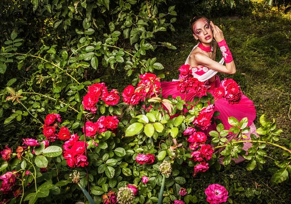 stock image Attractive romantic woman on beautiful dress pose outdoor.