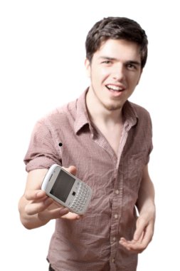 Young man holding cellphone clipart