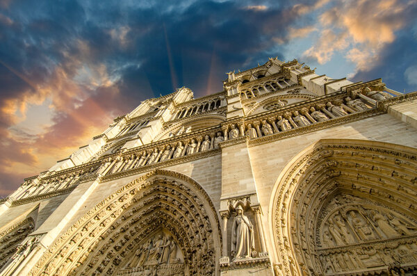 Low-angle view of Notre-Dame cathedral in Paris, France