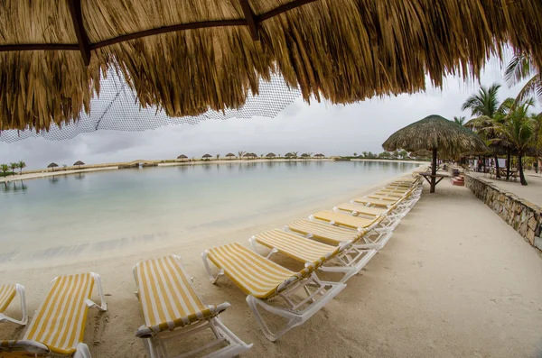 Stro parasol en stoelen op het strand van roatan, honduras — Stockfoto