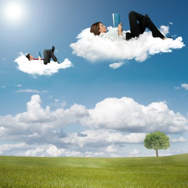 Boy and girl reading book on the clouds clipart