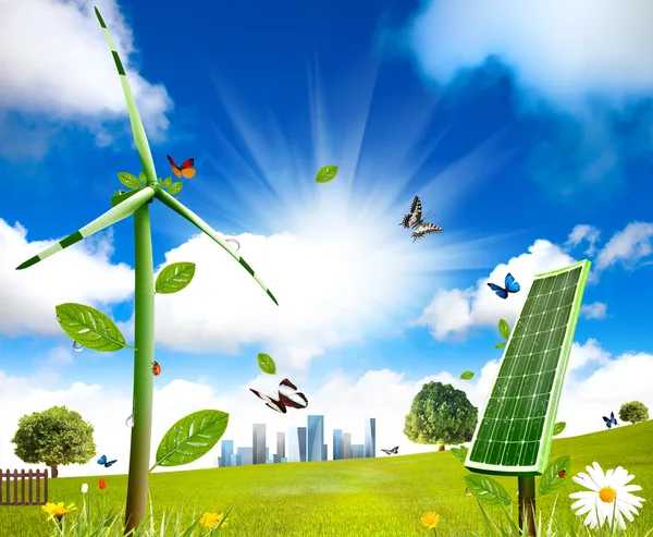 Turbina eólica e célula solar crescem — Fotografia de Stock