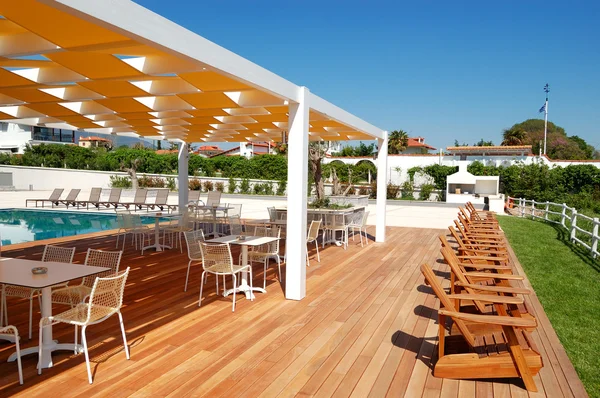 Restaurante con vistas al mar en el moderno hotel de lujo, Pieria, Grecia —  Fotos de Stock