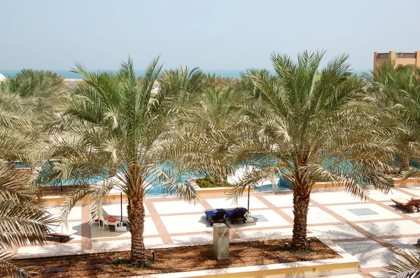 Área de recreação de hotel de luxo com tamareiras, Ras Al Kha — Fotografia de Stock