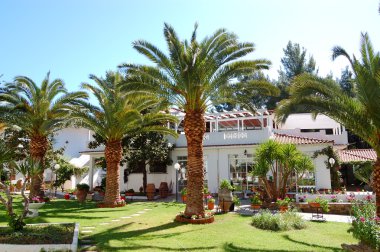 Restoran ve palmiye ağaçları lüks otel, halki bina