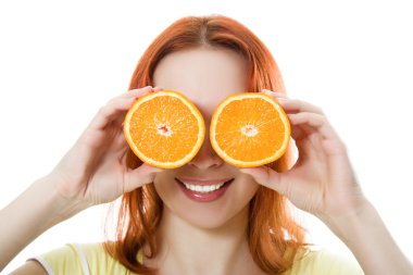 Funny girl portrait, holding oranges over eyes clipart