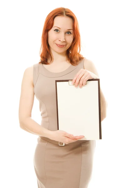 Happy woman showing blank signboard — Stock Photo, Image
