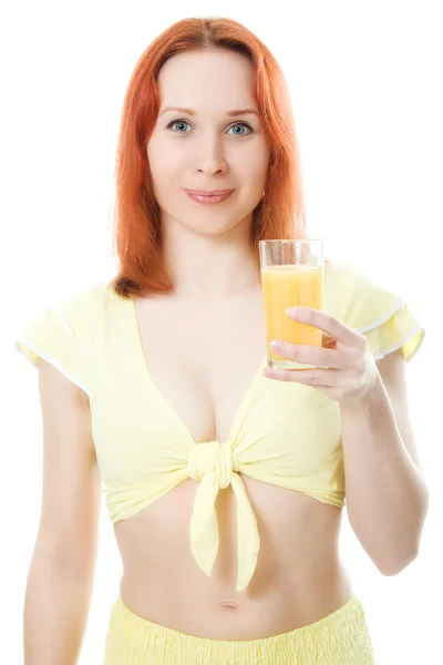 Νεαρή γυναίκα με το χυμό πορτοκαλιού και φραντζόλες — Φωτογραφία Αρχείου