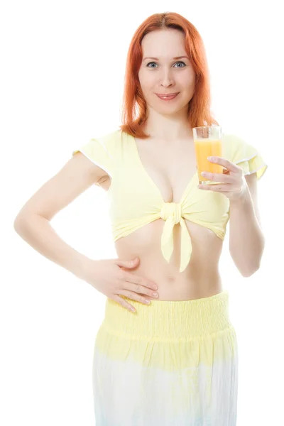 Jonge vrouw met sinaasappelsap en broden — Stockfoto