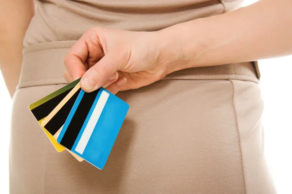 Mujer con muchas tarjetas de crédito diferentes — Foto de Stock
