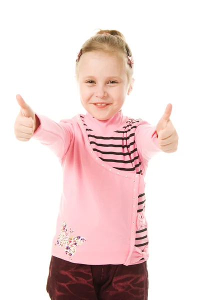 Sorridente bambina con i pollici alzati segno — Foto Stock