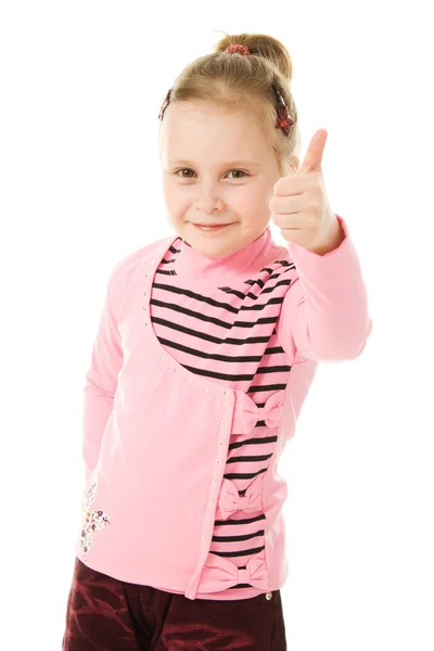 Sorridente bambina con i pollici alzati segno — Foto Stock