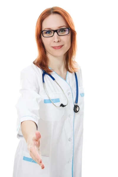 Női orvos kínál kézfogás portréja — Stock Fotó