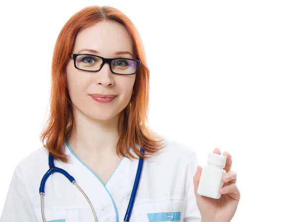 Kobieta lekarz trzymając pojemnik witamin — Zdjęcie stockowe