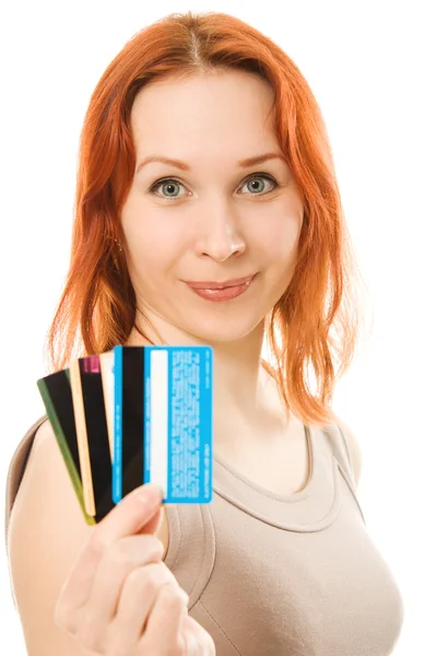 Vrouw met vele verschillende creditcards. Stockafbeelding