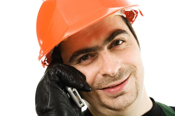 安全帽的男性建筑师会谈由移动电话 — 图库照片
