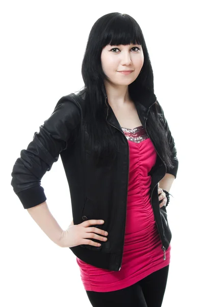 Mladá dívka s dlouhé vlasy, černé kožené bundě — Stock fotografie