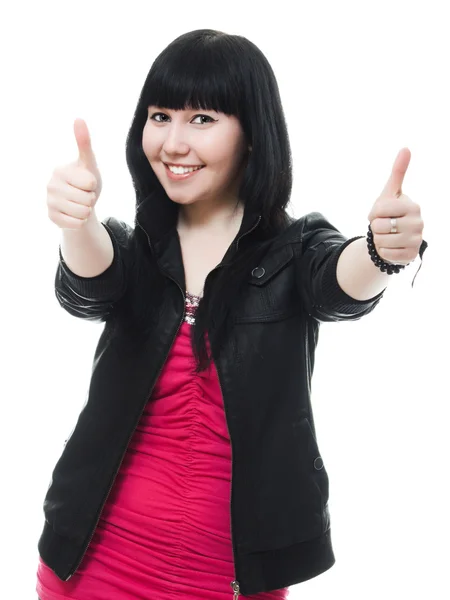 Mooie jonge vrouw geven twee duimen omhoog, geïsoleerde op wit — Stockfoto