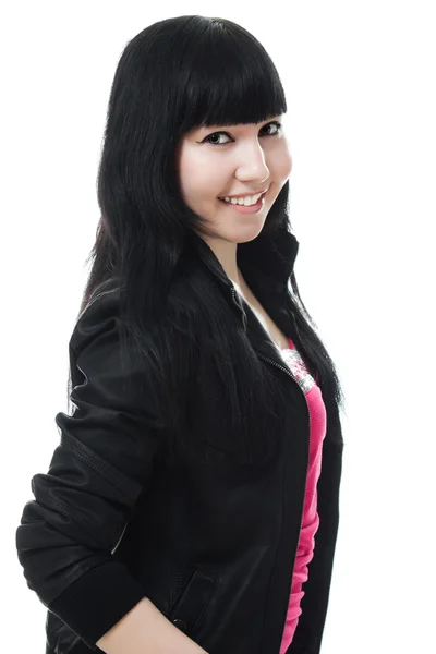 Chica joven con el pelo largo, chaqueta de cuero negro — Foto de Stock
