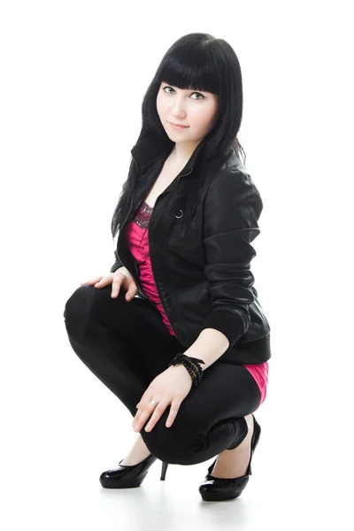 Young girl with long hair, black leather jacket — Stock Photo, Image