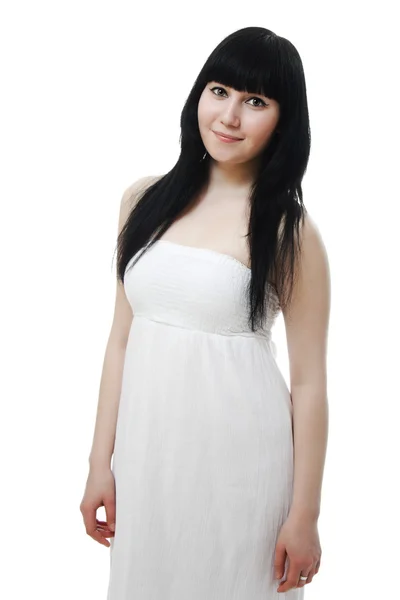 Beyaz elbiseli güzel kadın. — Stok fotoğraf