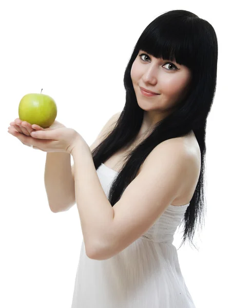 一个美丽的女人，举行一个苹果的肖像 — 图库照片