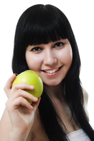 Porträtt av en vacker kvinna, med ett äpple — Stockfoto